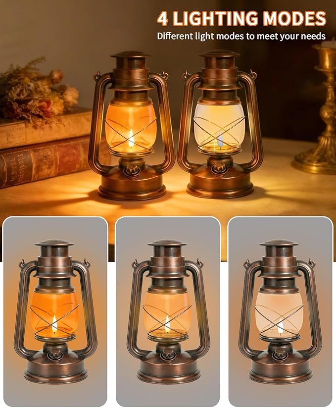 Vintage Battery Operated Lanterns 2 Pack, IP65 Waterproof Antique Outdoor Lantern with 2 Modes (Steady & Flickering) - Hanging Rustic Decor for Garden, Camping, Patio, Emergency