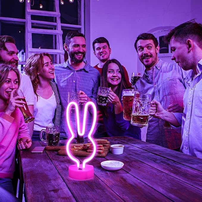 BAILEY Rabbit Ears Neon Sign,Easter Bunny Rabbit LED Lights with Holder Base,USB or 3-AA Battery Powered Neon Light of Business Premises for Christmas Easter Party Holiday Night Bedroom Gifts (Pink)