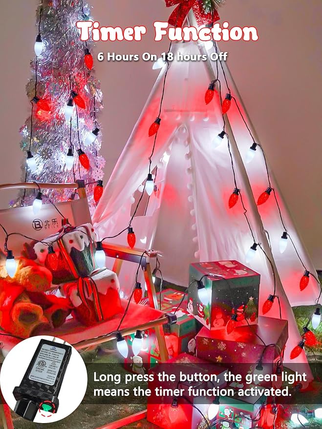 2-Pack Connectable C9 Christmas Lights Outdoor Indoor, 66 FT 100 LED Christmas String Lights Plug in with 8 Modes & Timer, Waterproof Fairy Twinkle Light for Xmas Tree Yard Decorations (Red and White)