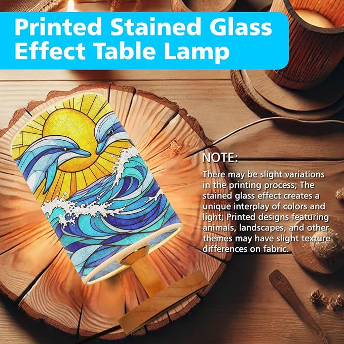Dolphin Table Lamp LED 3-Color Pressed Bedside, Dolphin Shade Lamp with Wood Base for Bedroom Living Room Desk Office TL01
