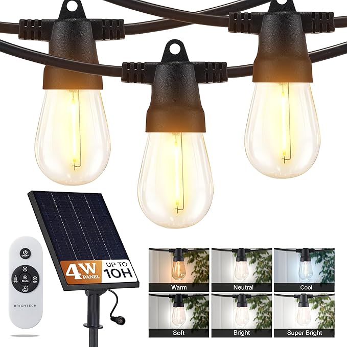 Brightech Ambience Pro Solar String Lights for Outside - Super Bright Remote Control Color Adjustable Outdoor String Light - Commercial Grade String, 15 Waterproof LED Bulbs for Patios, Camping - 48Ft