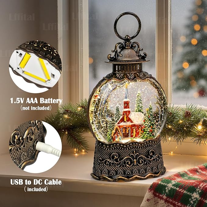 Christmas Snow Globes Church Snow Globe Lantern, Lighted Christmas Decorations Indoor for Home with Music Timer Glitter, Nativity Musical Festival Gifts, USB & Battery Operated 10.6 inch