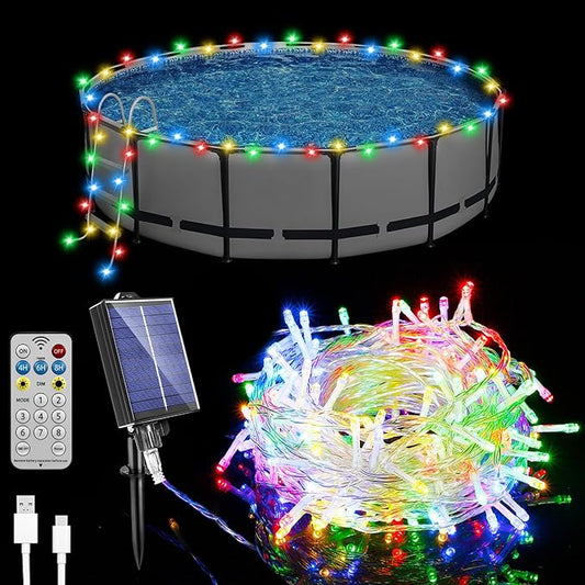 Solar Pool Lights for Framed Above Ground Pools, 56ft String Lights 150Bulbs, IP65 Waterproof Swimming Pool Accessories, Solar Powered with Charging Port, Remote 8 Modes, Outdoor Trampoline Camping