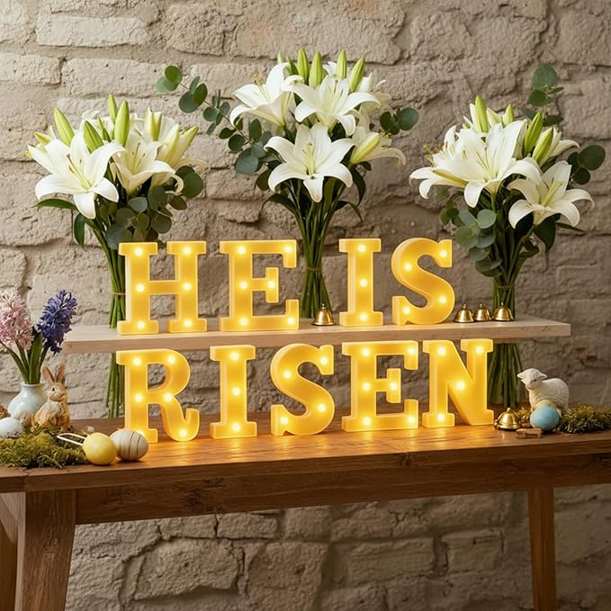 Honoson 9 Pcs He Is Risen Easter Decorations LED Light up Sign 6.42 Inch, Christian Easter Table Decoration Religious LED Lights for Church First Communion Party Supplies