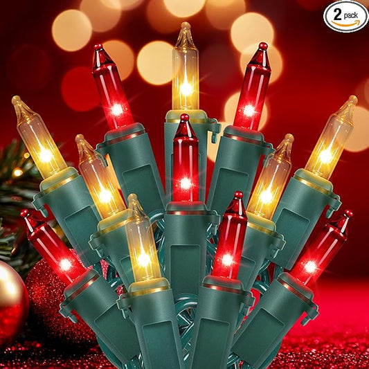 Hopolon Christmas Lights Indoor Outdoor, 2 Pack 13 FT 50 Count Incandescent Mini String Light, Green Wire Christmas Tree Lights Waterproof for Holiday Wedding Valentine's Day Decor, Red and Clear