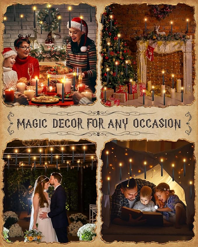 Floating Candles with Wand - 12 Pack Christmas Decorations Black Flameless Candles Flickering Warm Light LED Hanging Candle Remote, Battery Operated Candles for Christmas Outdoor Indoor Party Decor
