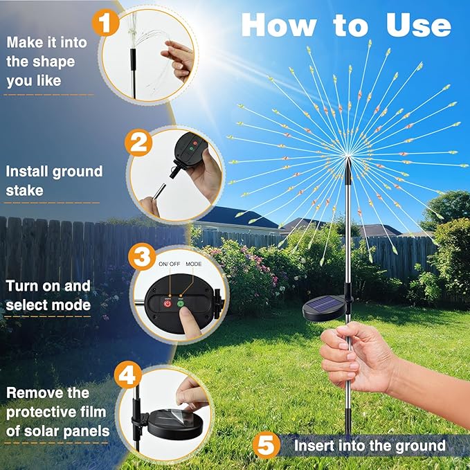 btfarm 2 Pack 120 LED Solar Garden Lights Outdoor, 8 Modes Firework Lights Solar Powered, Waterproof Twinkle Fairy Light Outside for Yard Patio Pathway Pool Christmas Party Decorative, Warm White