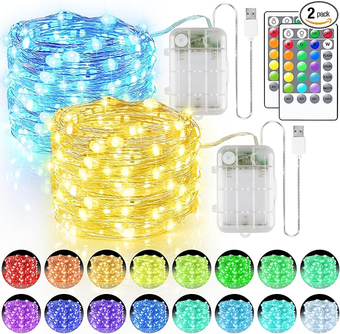 66ft 200LED Fairy Lights Battery Operated, 2 Pack 33ft 16 Color Changing String Lights with Remote Timer, RGB Waterproof Twinkle Light for Indoor Outdoor Bedoom Garden Yard Décor