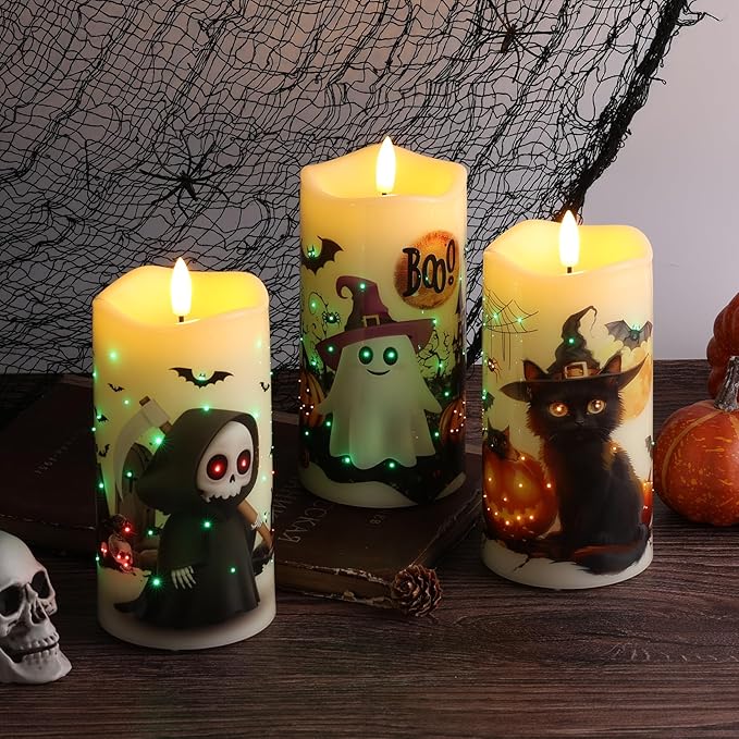 Eywamage Fiber Optic Halloween Flameless Candles with Remote, Flickering Battery Operated LED Pillar Candles Set of 3