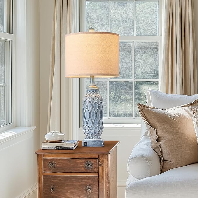 28" Living Room Lamps Set of 2, Farmhouse Lamps for Bedroom with USB A+C Charging Ports, Touch Lamps for Nightstand, 2 Bulbs Included