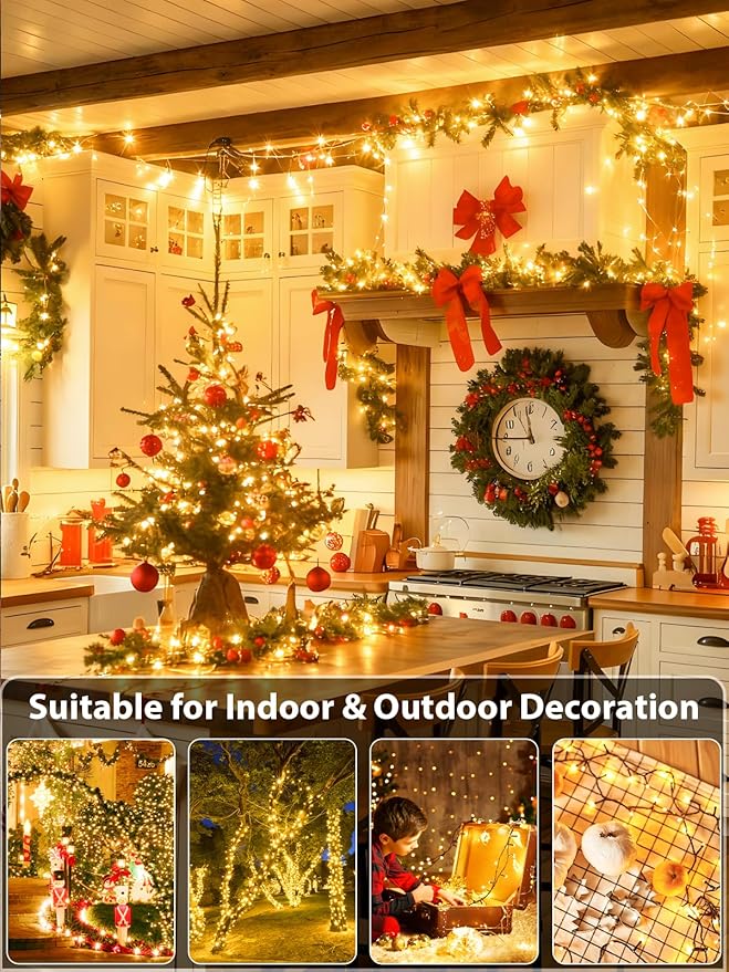 Upgraded 75.8 FT 200 LED Christmas String Lights Outdoor/Indoor, Timer & Memory Function & 8 Modes, Extendable Green Wire Waterproof Fairy String Lights for Xmas Tree Holiday Party Garden (Warm White)