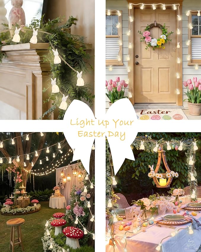 YIQU Easter Decoration String Lights, 10FT 12LED Indoor Bunny Mantel Garland Battery Operated with Remote Timer 8 Modes, Hemp Rope Banner for Fireplace Table Wall Spring Party Indoor Outdoor Decor