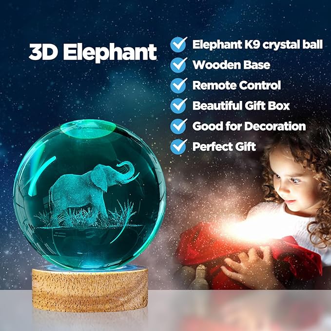 3D Elephant Crystal Ball Night Light, 3.15in K9 Lamp with 16 Colors Change, Wooden Base and Remote Control Decor Gifts for Women Kids
