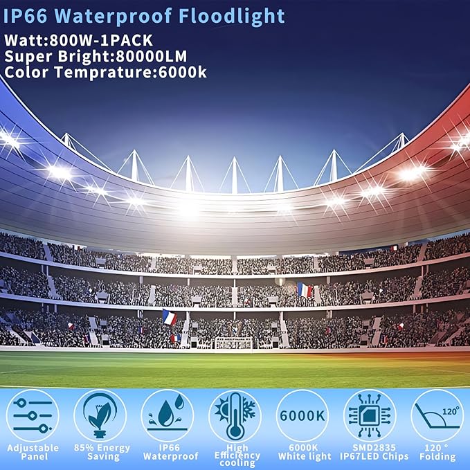 Stadium Lights Outdoor Led Flood Lights (800W*1 80000LM 6000K IP66 Super Bright Floodlight with Wider Lighting Angle for Garage,Garden,Lawn,Yard,Parking Lot