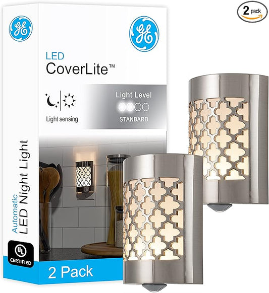 GE CoverLite LED Night Light, Plug-in, Dusk to Dawn Sensor, Home Decor, LED Lights for Bedroom, Bathroom, Kitchen, Hallway, 2 Pack, 46815, Brushed Nickel | Moroccan
