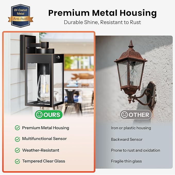 Gleamz 2-Pack Motion Sensor Porch Lights Outdoor, Dusk to Dawn Modern Black Gold Trim Exterior Light Fixtures Wall Mount for House, H11'' Waterproof Outdoor Wall Sconces for Garage, Coach, Entryway