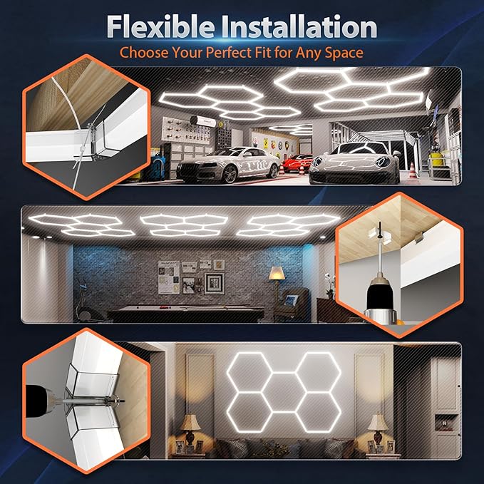 Hexagon Garage Lights: 476W 68 Pack 17 Grids LED Garage Lights - Easy Install 6500K Super Bright Honeycomb Light for Warehouse, Car Detailing Shop, Exhibition Hall, Gym