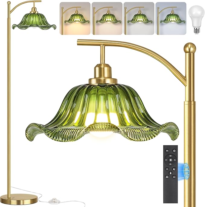 Gold Floor Lamp for Living Room, Dimmable Mid Century Modern Standing Lamp with Remote Control and Green Glass Shade, 68" Tall Lamp for Bedroom, Vintage Retro Antique Glass Flower Lamp, Brushed Gold