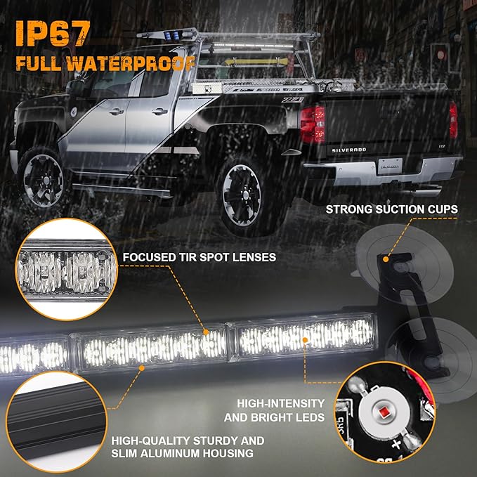XRIDONSEN 35 inch White Traffic Advisor Light Bar 48 LED Emergency Strobe Lights Safety Warning Lights Front/Rear Window w/Display Controller for Firefighter Police Law Enforcement Vehicles Trucks