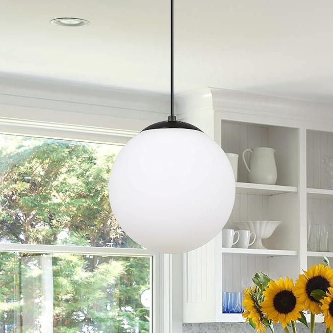 KoKo&Yukina 6-inch mini Modern Globe Pendant Light Opal Glass with Black Finish Contemporary Mid Century Adjustable Hanging Light Fixture for Living Room Bedroom Kitchen (Bulb Incl.)