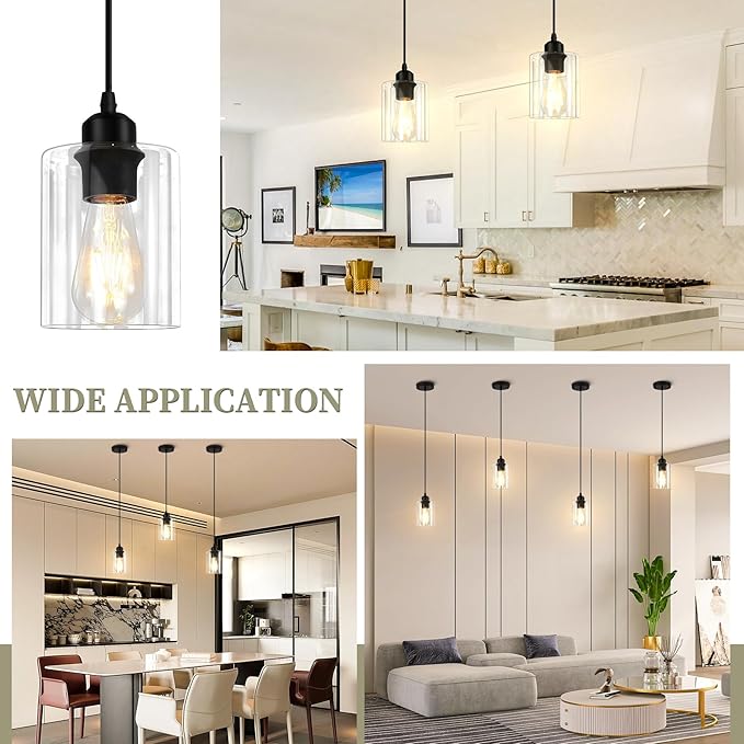 CANMEIJIA Modern Black Farmhouse Pendant Light with Glass Shade, Industrial Pendant Lighting, Island Lights for Kitchen, Modern Hanging Light Fixtures for Kitchen Island Decor (Black 2 Pack)