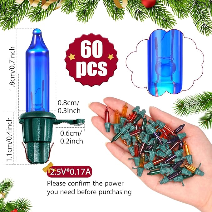 Mudder 60 Count Christmas Replacement Mini Light Bulbs with Base Christmas Tree Incandescent Wire String Lights Replacement Bulbs for Xmas Indoor Outdoor Decoration(Colorful,2.5vx0.17a)