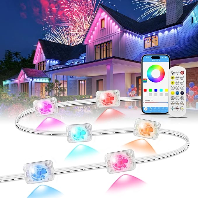 Permanent Outdoor Lights for House, 50ft RGB+IC Smart Outdoor Decor, 50 Scene Modes, App/Remote Control, IP68 Waterproof, House Eave Lights for Halloween, Christmas, Party Decor, House Roof Lighting