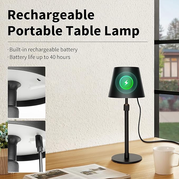 Mr.White Outdoor Waterproof Rechargeable Cordless Table Lamp with Telescopic Pole & Wicker Shade, 5200mAh Battery Operated Table Light with Touch Control, for Patio Restaurant Kitchen (Black)