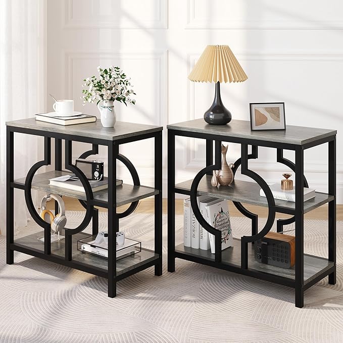 End Table Set of 2, Narrow Side Table with 3-Tier Storage Shelves, Wood Sofa Side Table with Geometric Metal Frame for Living Room, Industrial Bedside Nightstand for Bedroom (Gray)