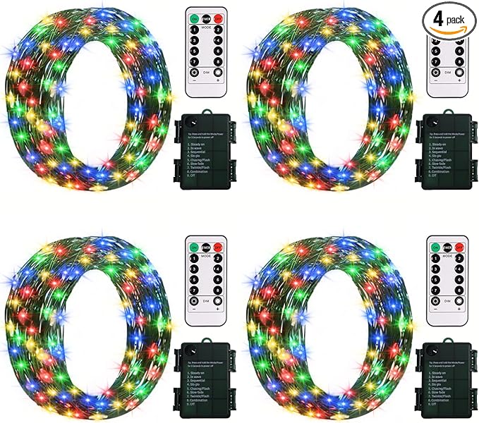 ZAIYW 4 Pack Fairy Lights Battery Operated, 16.5Ft 50LED Fairy Light with Remote Control Timer 8 Modes Twinkle Christmas String Lights for Indoor Outdoor Wreath Tree Party Gift Decor (Multicolor)