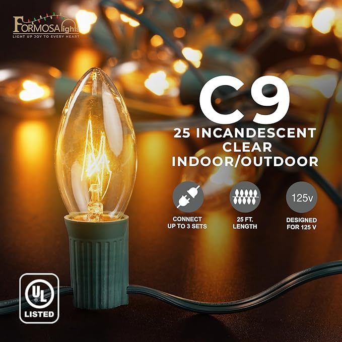 C9 26ft Indoor/Outdoor Clear Incandescent Christmas String Lights with 25 Bulbs and E17 Base | 120V, 7W
