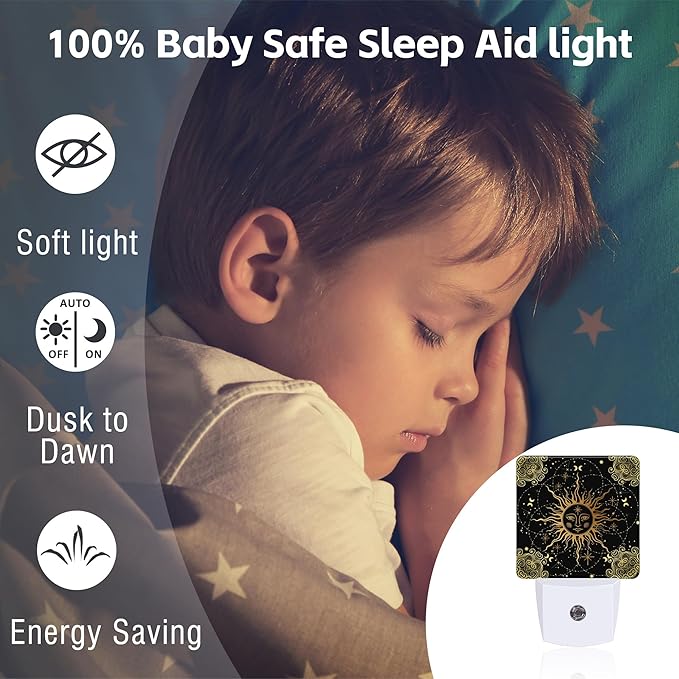 Boho Golden Sun Night Light for Kids, Mystical Astronomy and Astrology Night Light Plug in with Dusk to Dawn Sensor, 0.5w Energy Saving Sleep Friendly Nightlight for Hallway Stairway Kitchen Bedroom