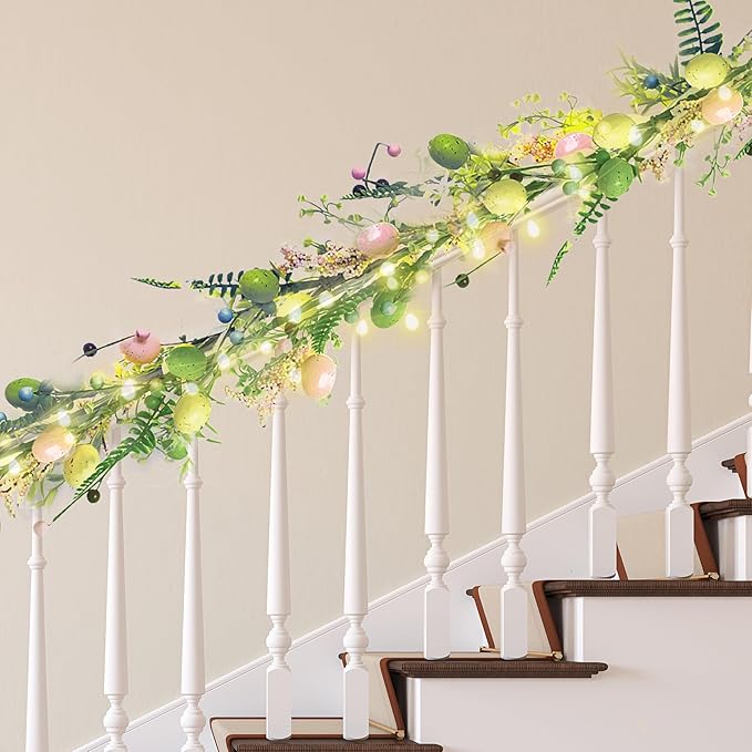[Timer] 6 FT Lighted Easter Garland, Easter Decorations for Home, Easter Egg Garlands Spring Fireplace Mantel Decor, Spring Garland with 30 LED Warm Light for Home Indoor Decor