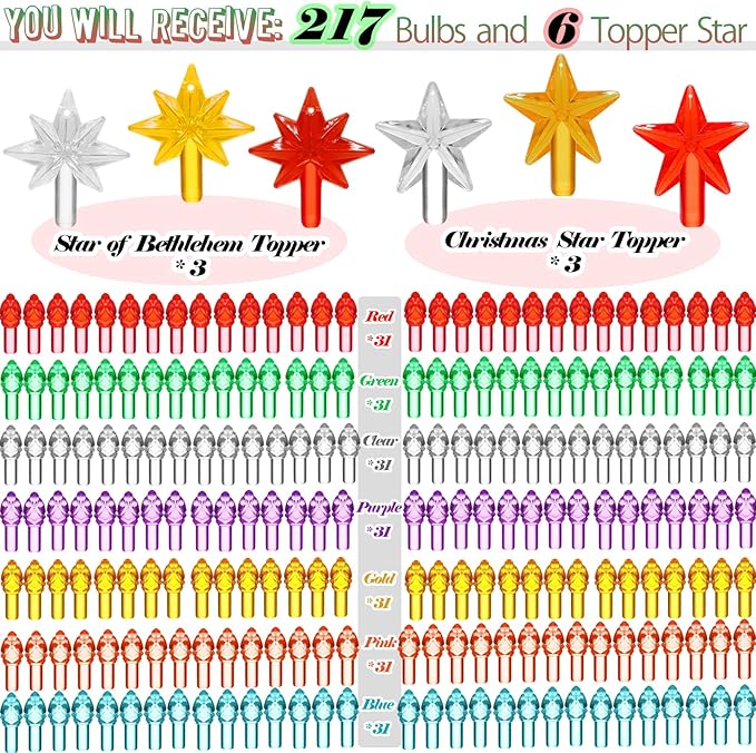 Replacement Lights Bulbs for Ceramic Christmas Tree, 217 PC Mini Twist Light Ornaments for Ceramic Tree, Multicolor Small Flame Pegs Accessories for Crafts, Assorted Colors, 6 Stars Treetops Set