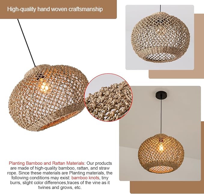 13.77" Woven Rattan Pendant Light,Hand-Woven Water Plants Rattan Chandelier 1-Light Boho Wicker Coastal Retro Ceiling Chandelier Lighting,for Kitchen Island Restaurant Craft Farmhouse