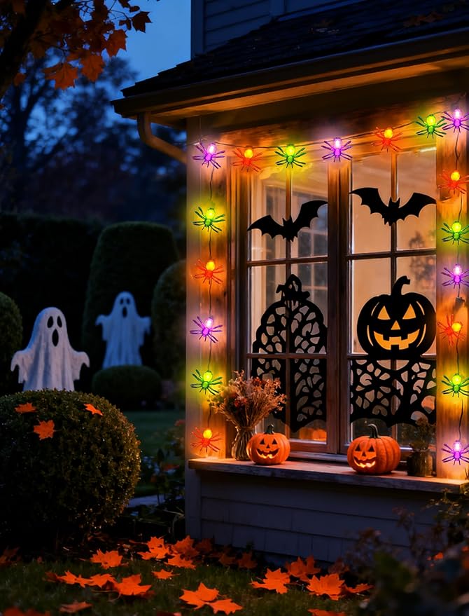 Halloween Spider String Lights Outdoor, 8.5FT Hanging Halloween String Lights with 10 LED Multicolor Spider Lights UL Listed for Outdoor Party Stair Bar House Garden Yard Decorations- Black Wire