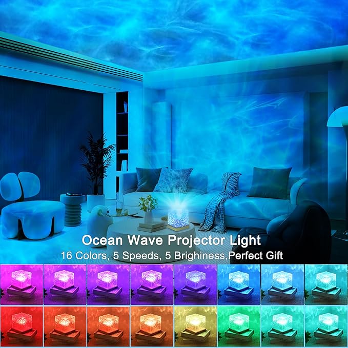 Ocean Wave Projector Light, 16 Colors Luminorthe Cube Lamp, 3D Holographic Water Ripple Lamp with Remote Control, Night Light for Bedroom, Home, Party Mood Lighting (2 Pack)