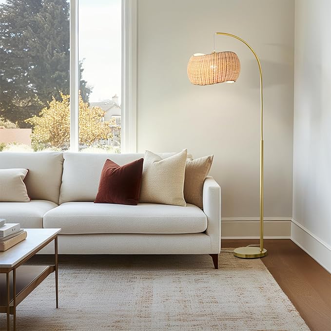 Brightech Wave Arc Floor Lamp - Chic Standing Lamp with Unique Hanging Wicker Pendant Shade for Living Room, Boho Rattan Natural Decor Lamp, Arcs Over Sofa, Bedroom & Office Desk for Reading - Brass