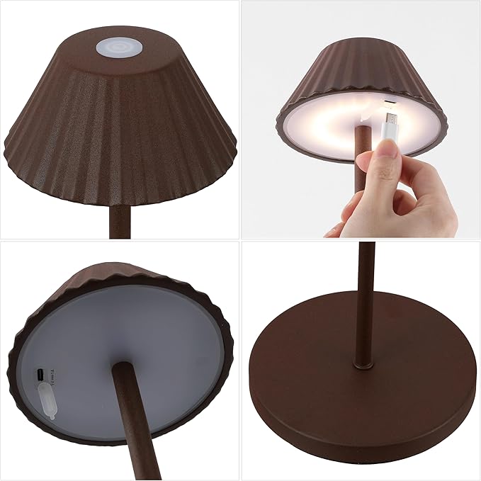 JONATHAN Y 44" Brown Modern Rechargeable Cordless LED Floor Lamp for Patio, Dimmable Minimalist Indoor Outdoor Standing Light, Pleated Iron Shade, Touch Sensor JYL7168A