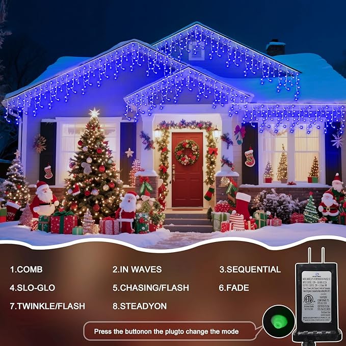 66 Ft String Lights for Outside, 640 LED Christmas Lights Outdoor Plug in, Christmas String Lights with 8 Modes & Timer for Holiday, Party, Wedding, House, Patio, Outdoor Decor(Blue)