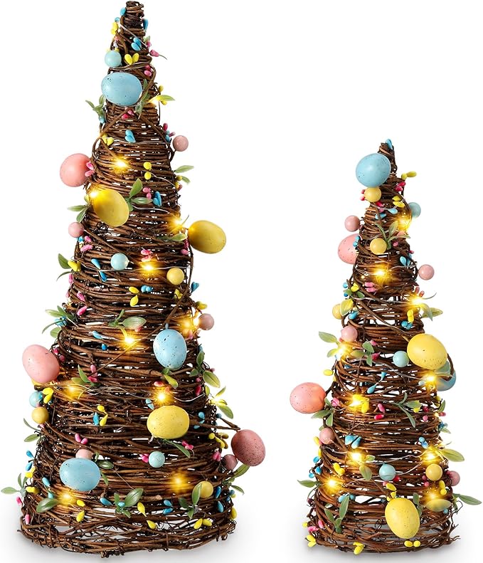 Soulchen 2 Pcs Easter Rattan Cone Tree Decoration Artificial Table Tree with Pastel Berries LED Lights for Easter Porch Kitchen Mantle Table Decor Spring Centerpiece Decorations