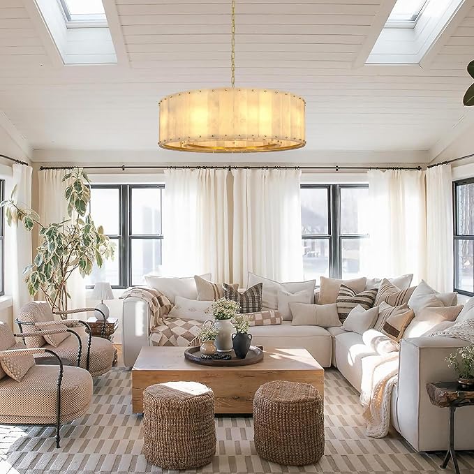 Alabaster Chandelier D32in Spanish Natural Marble Round Alabaster Chandeliers Adjustable,Modern Brass Living Room Chandelier,Gold Chandeliers for Dining Room,Bedroom,Bathroom,Foyer,E12 Bulbs Included