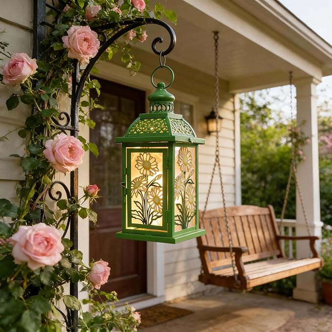 DECORKEY Spring Decorations for Home, 14.4" Decorative Daisy Green Lantern with 61" LED Lights(No Battery) for Home Indoor Outdoor Decor, Hanging Metal Candle Holders for Spring St.Patrick’s Day Gift