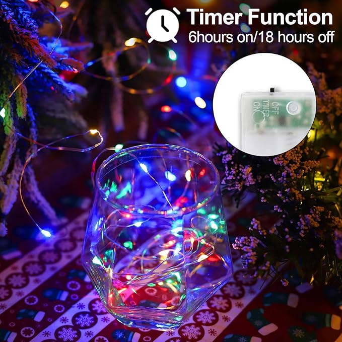 YAOZHOU Christmas Decorations Multicolor Fairy String Lights, Battery Operated with Timer, 2 Pack Total 33FT 100 Led Mini Battery Powered Mason Jar Waterproof Firefly Lights DIY Party