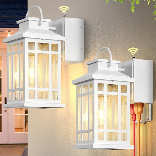 Outdoor Wall Light with GFCI Outlet, White 2-Pack Outside Lanterns for Porch Wall Mount, Dusk to Dawn Outdoor Lighting for House, Garage, Entryway, Doorway, Aluminum Waterproof and Anti-Rust