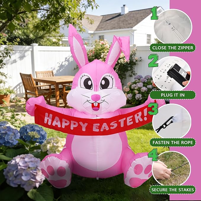Dearsun 5FT H Adorable Easter Inflatable Bunny Holding a Banner, Easter Bunny Blow up Yard Decorations Giant Pink Bunny with LED Lights for Holiday Party Indoor Outdoor Décor