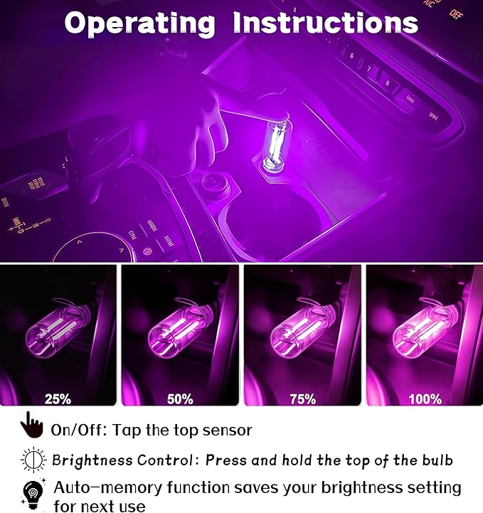 LED Car Interior Light, Touch Control USB Night Lamp, Retro Style Ambient Lighting for Auto, Bedroom, Desk (Purple Light)