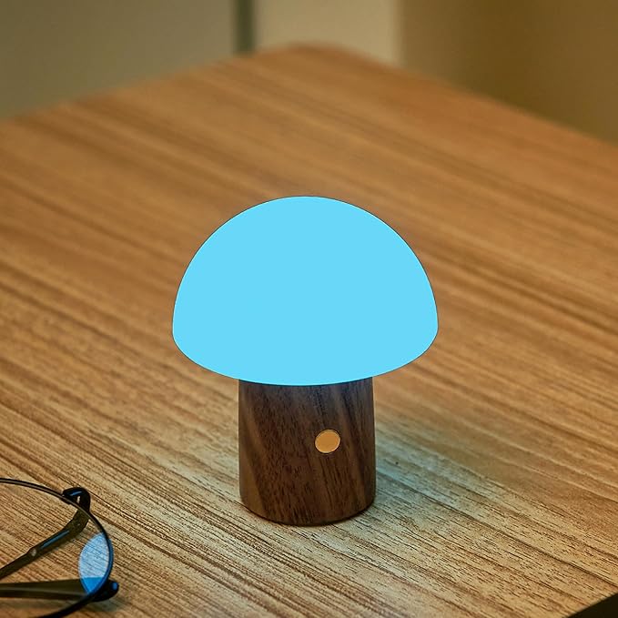 Gingko 7 Colour Changing RGB Alice Mushroom Lamp, Mood Light and Night Lights, Long Life Battery, USB-C Charging, 3 Light Modes, FSC Certified Wood with Frosted ABS Shade (Walnut, Super Mini)
