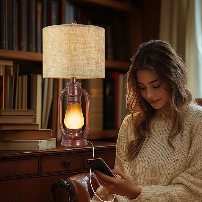 26'' Miner Table Lamps Set of 2 for Bedroom, Rustic Bedside Lamps with Nightlight, Farmhouse Lantern Nightstand Lamps with USB A+C Ports, Decor for Living Room, Study, Home Office (Bulb Included)