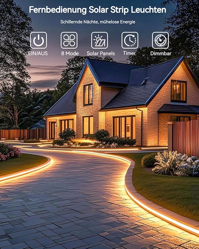 Upgrade Solar Led Strip Lights Outdoor, 50ft Solar Rope Lights Self-Adhesive Waterproof, 8 Mode with Remote Timer and Auto On/Off, Perfect for Deck, Patio, Poolside, Camping Decor, Warm White